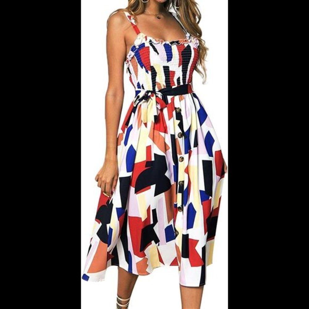 Spaghetti Strap Button Down Swing Midi Dress